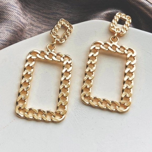 Gold Statement Earrings Metallic chunky chain link‎ square Retro💖2/$30 - Picture 13 of 13